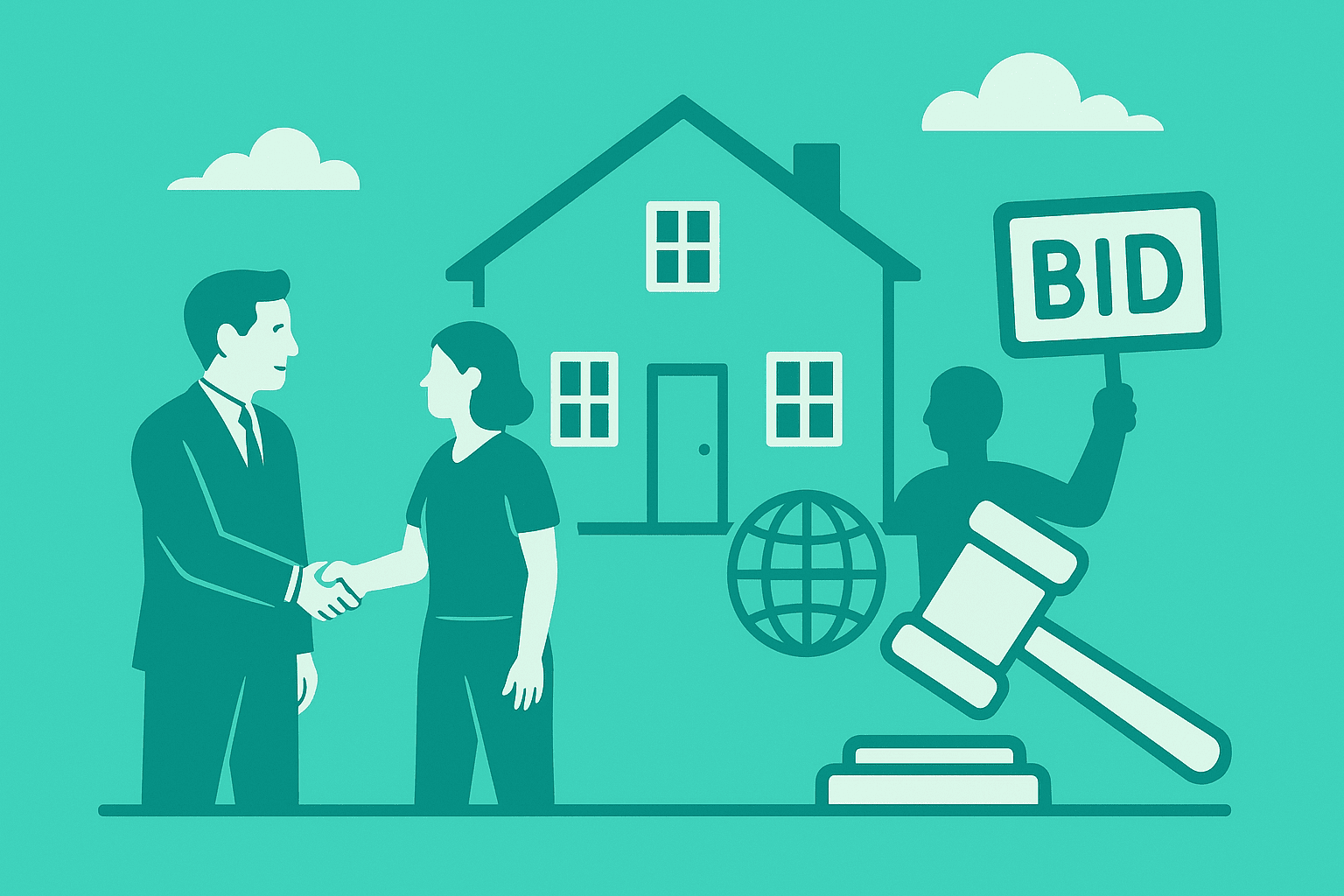 Real estate agents in a modern office with CariBid interface visible