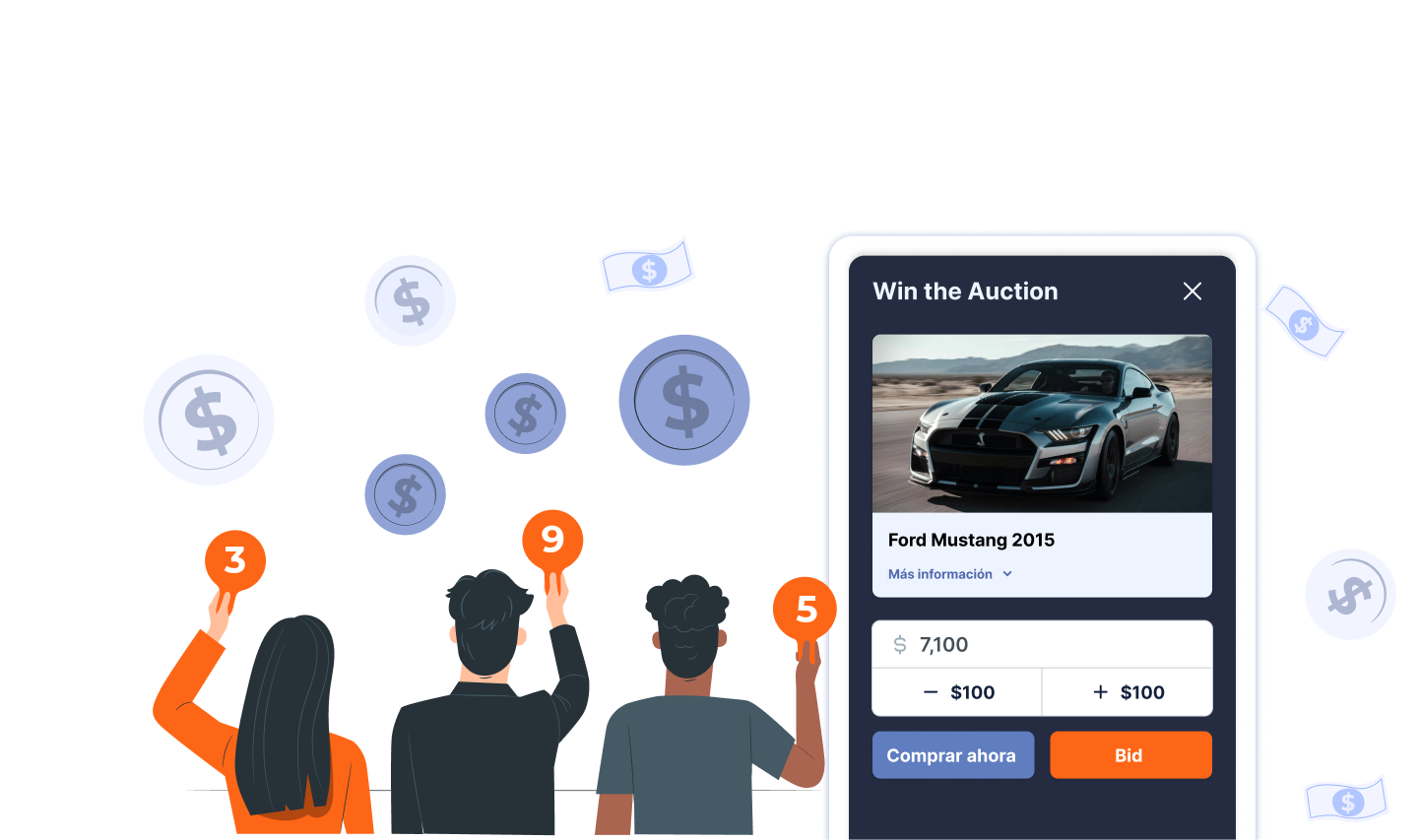 Dynamic bidding interface showing live auctions and participants engaging with property and vehicle bids.