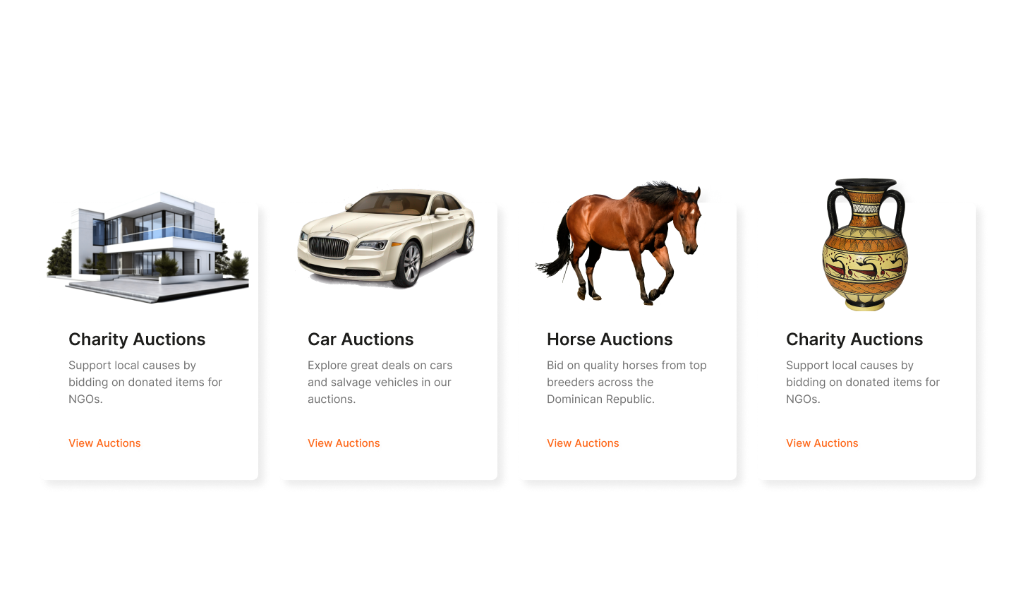 Homepage banner showcasing diverse auction categories, including real estate, cars, livestock, and charity items.