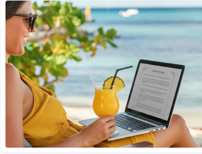 Woman signing a digital contract on a laptop by the beach with a tropical drink.