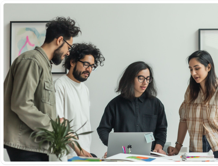 Group of professionals collaborating around a laptop in a modern workspace