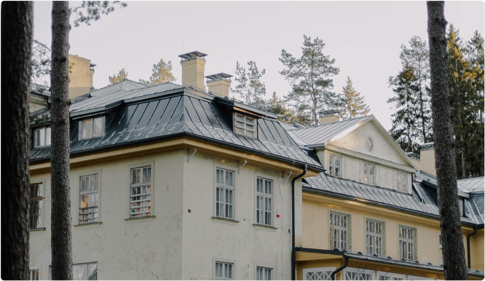 Historic residential building with a metal roof, nestled among tall trees in a quiet area.