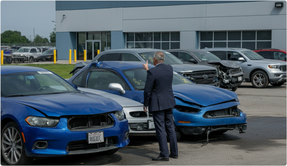 Man inspecting salvaged vehicles in a lot, preparing them for auction