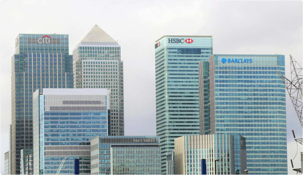 Skyline of modern bank buildings representing financial services and asset management