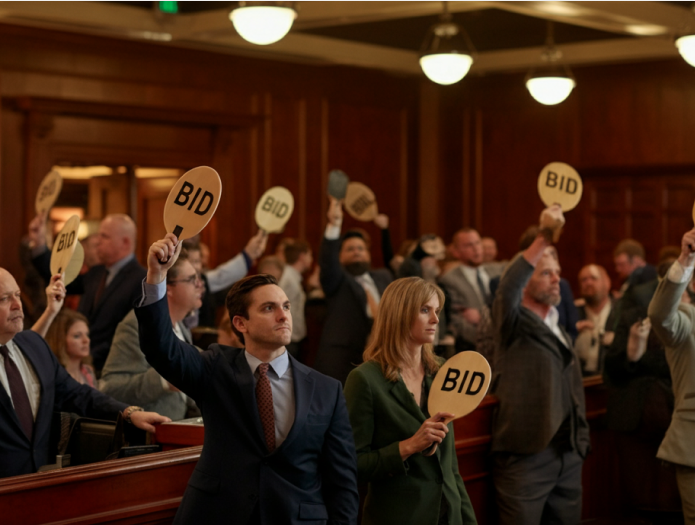 Bidders in a live auction holding bid paddles in an elegant auction hall