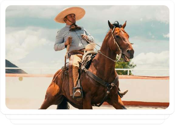 Cowboy riding a horse in an arena, showcasing strength and tradition