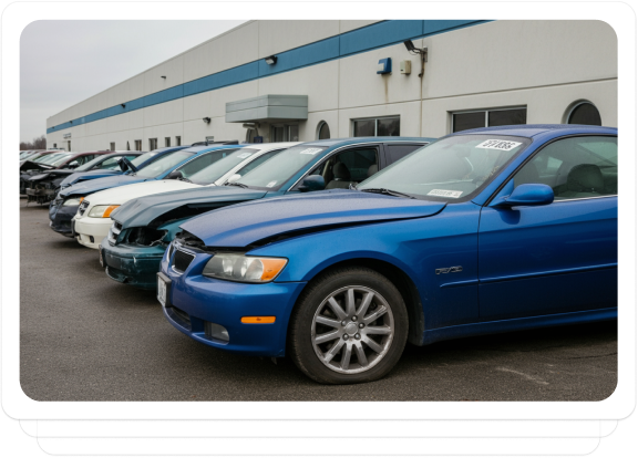 Row of salvaged vehicles in a lot ready for auction