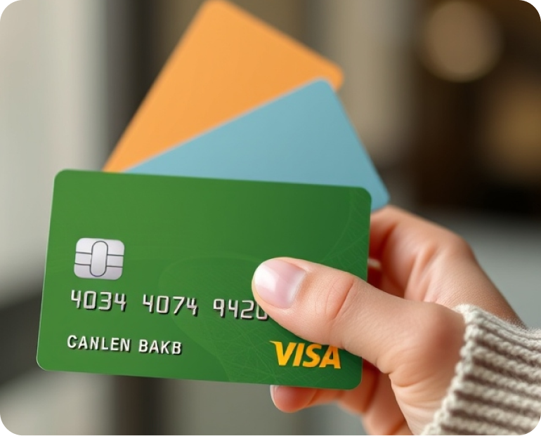 Close-up of a hand holding colorful credit cards