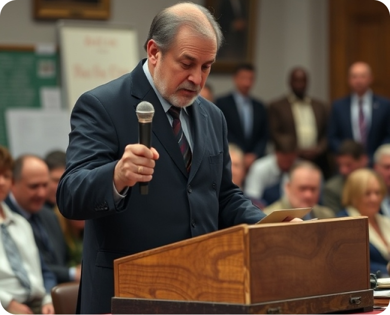 Man speaking at an auction podium with a microphone.